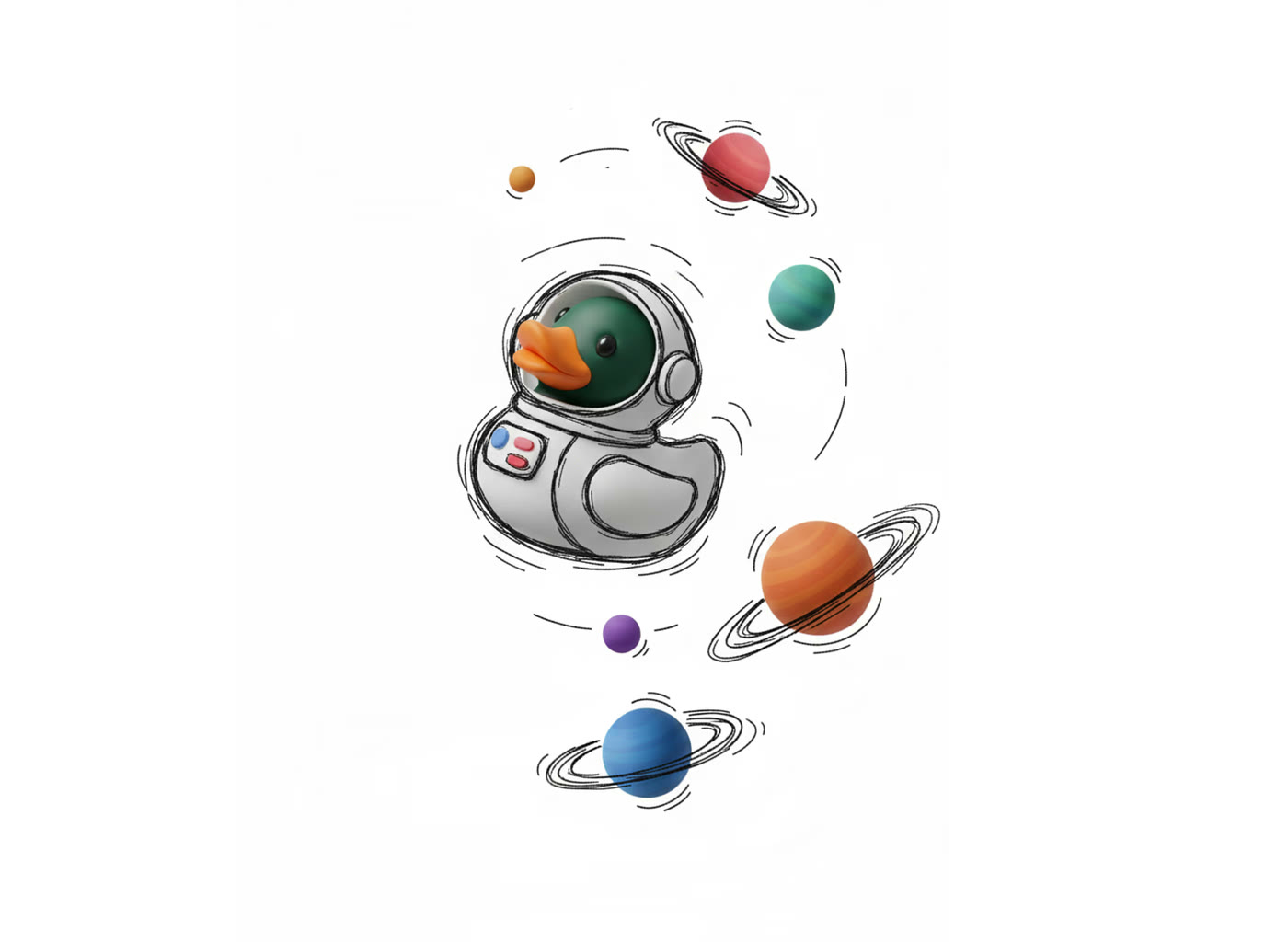 Rață astronaut printre planete